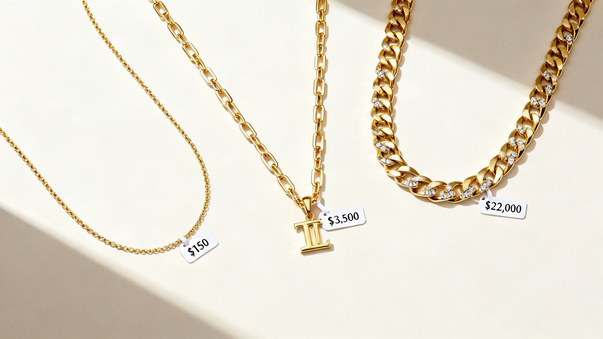 Three gold necklaces displayed with price tags, ranging from a simple chain to a diamond-studded one.