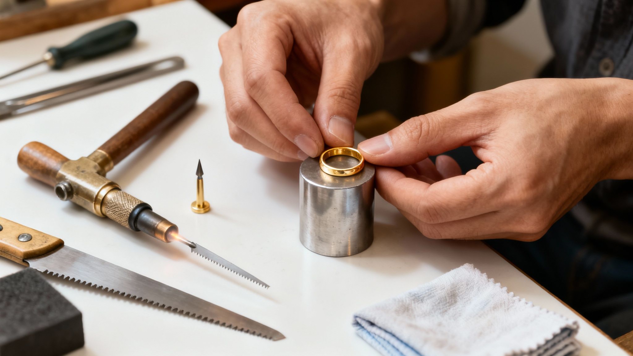 A jeweler's hands carefully working on a gold ring with tools on a white workshop table.