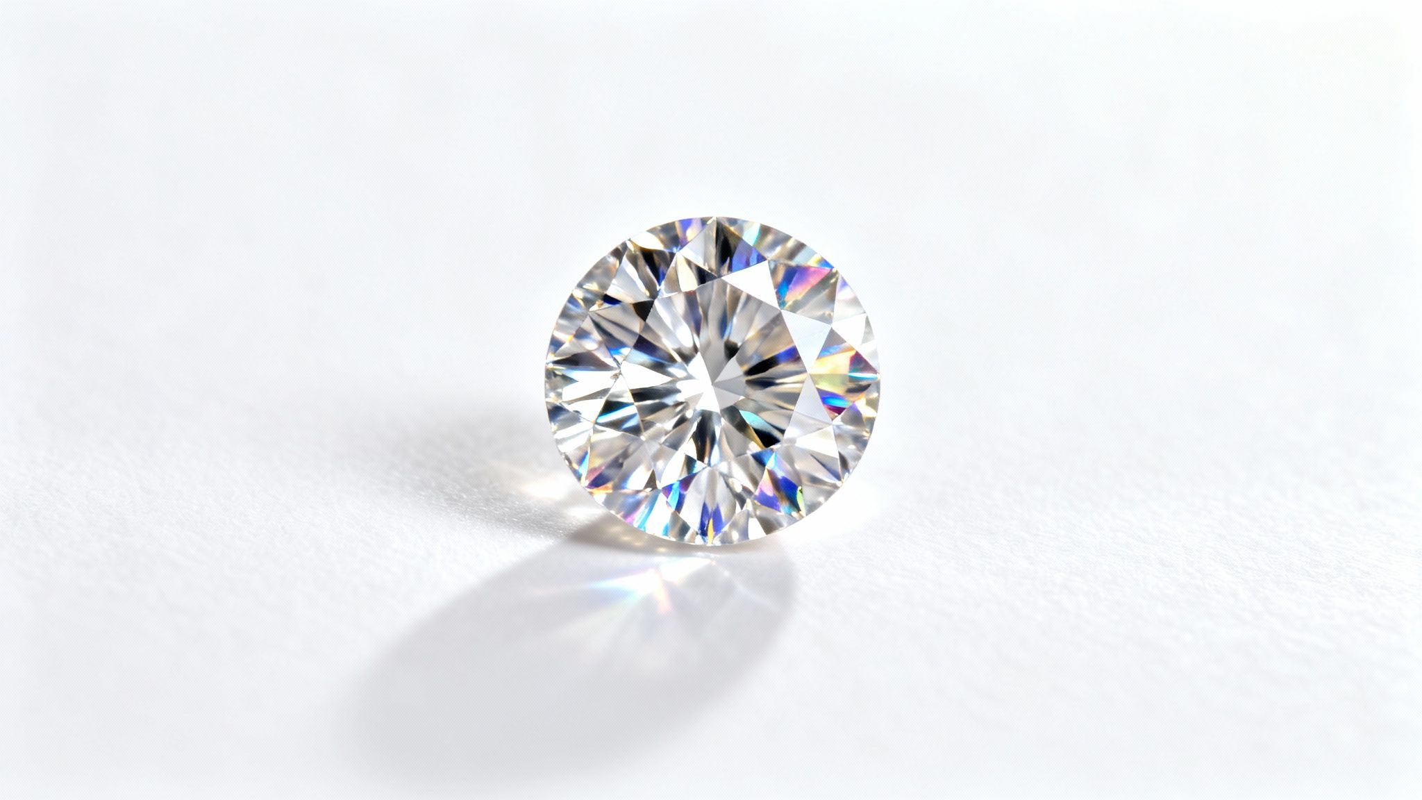 A dazzling round brilliant cut diamond on a clean white background, showcasing its fiery sparkle.