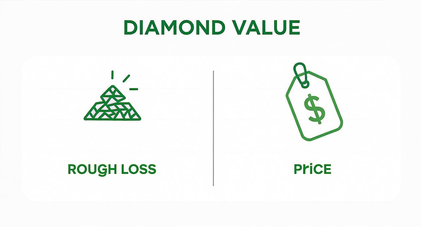 Infographic showing that the cutting process for oval diamonds results in less rough diamond waste, leading to a lower final price.