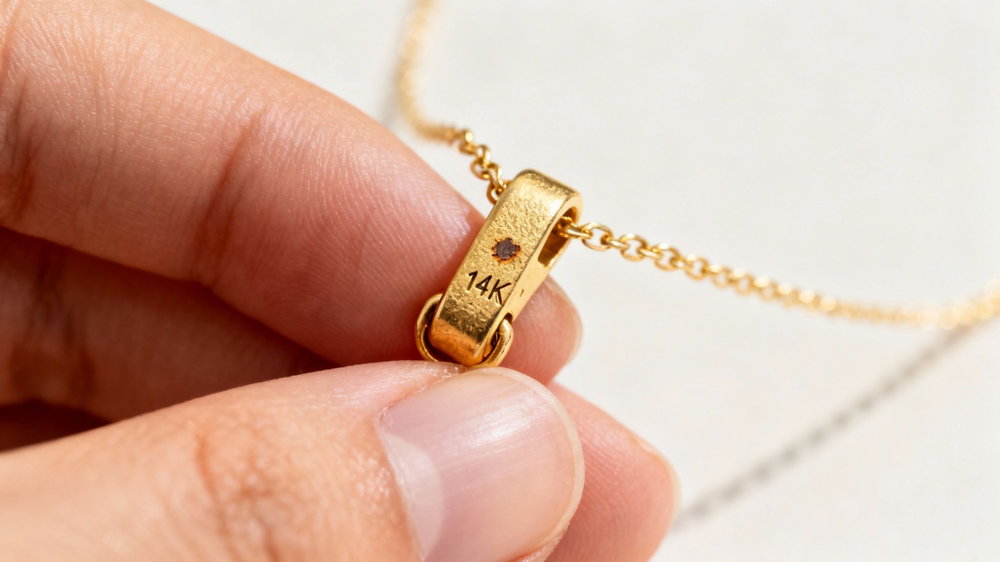 Close-up of a hand holding a 14K gold pendant with a chain, showing a hallmark.