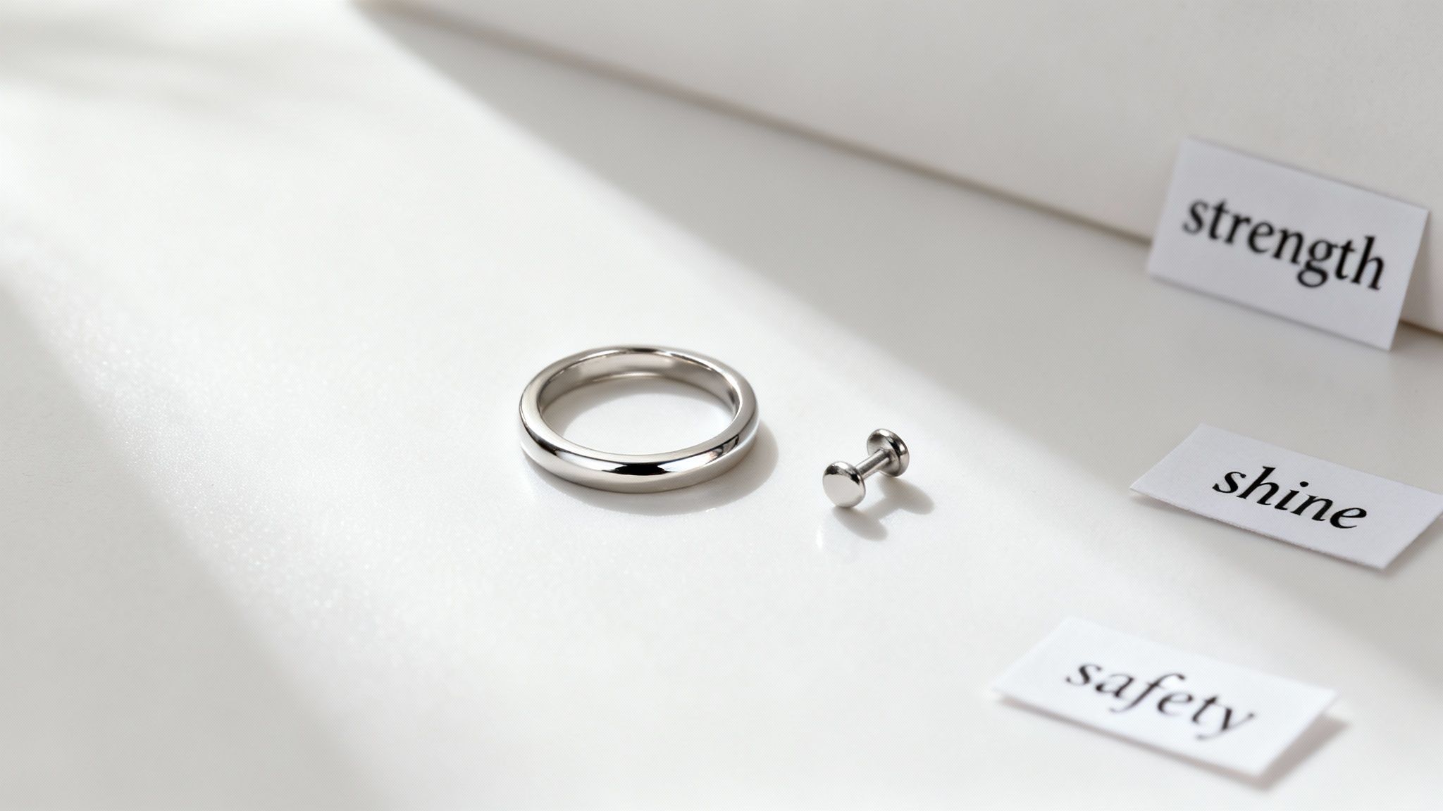 A close-up of various surgical steel rings and earrings with a sleek, polished finish.