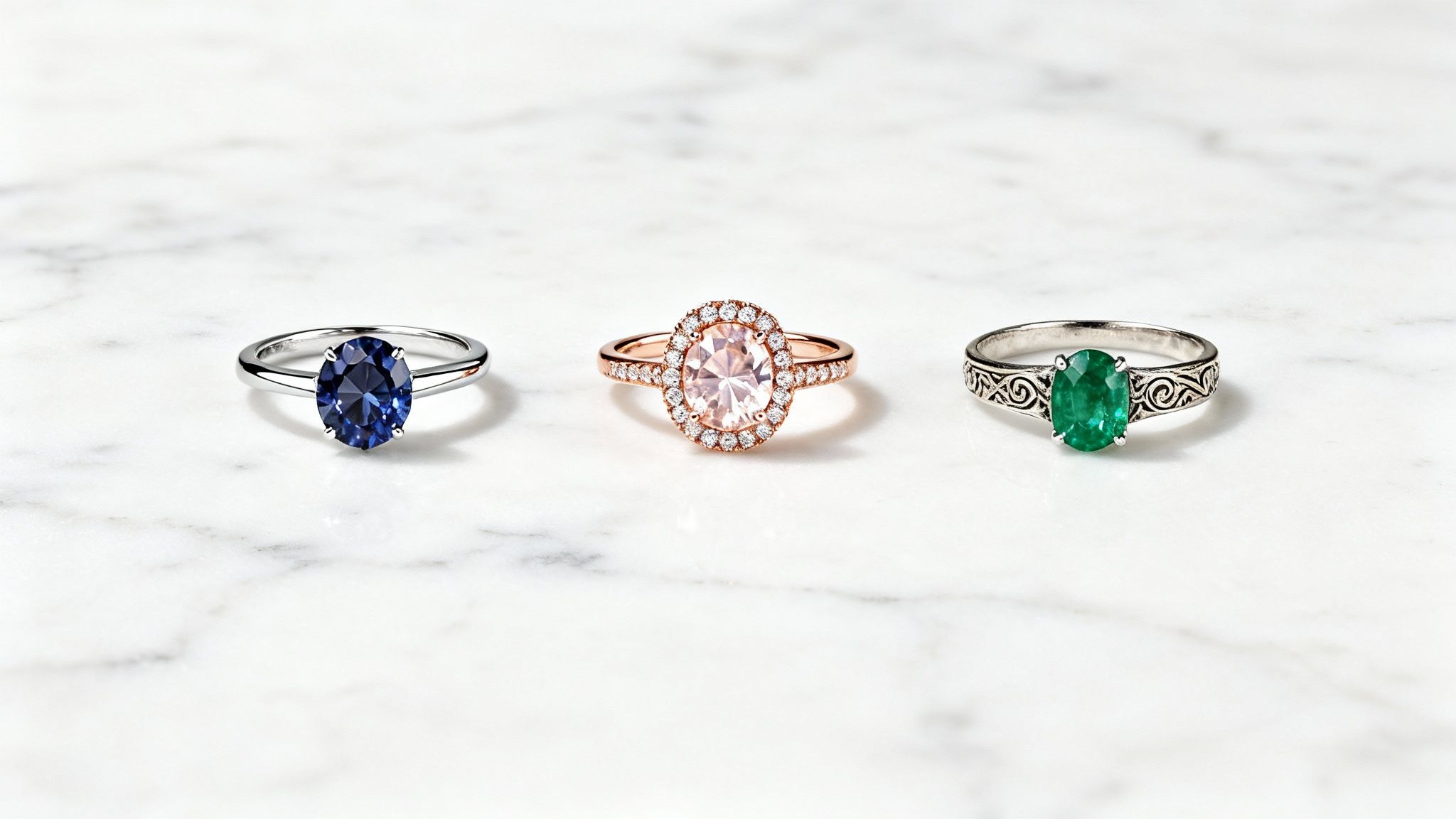 Three elegant gemstone rings: sapphire, pink morganite, and emerald, beautifully displayed on white marble.