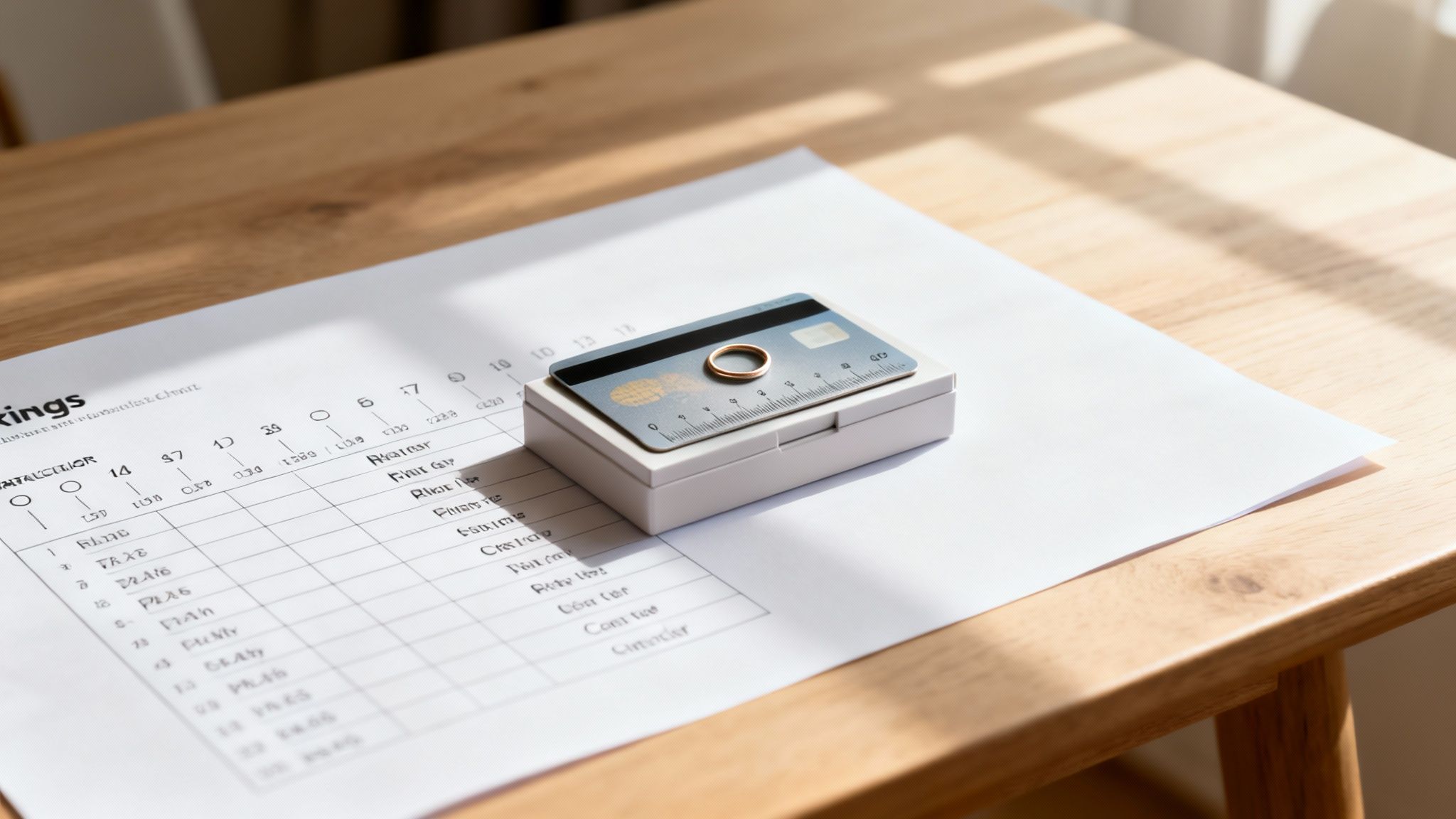 A printable ring sizer chart on a wooden table with a credit card ruler and a gold ring.