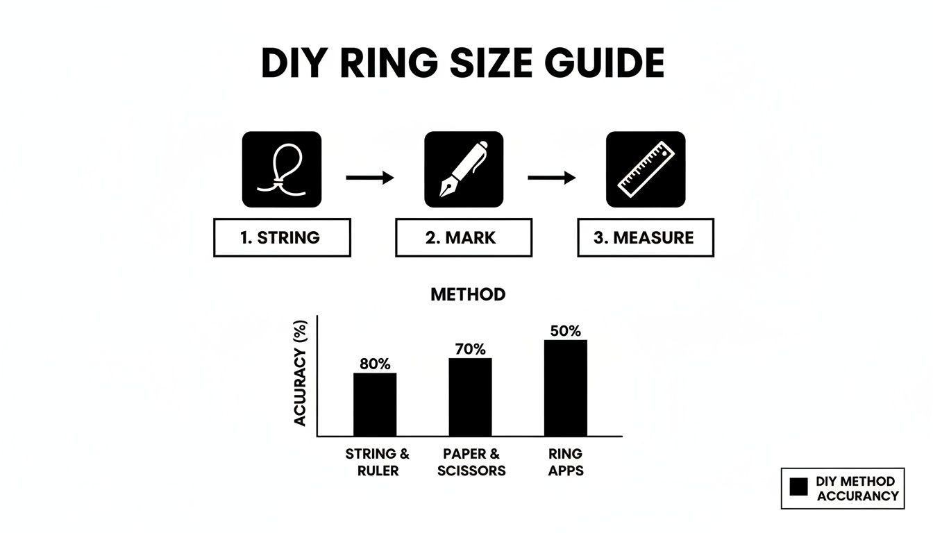 DIY ring sizing guide with steps and a bar chart comparing accuracy of string, paper, and app methods.