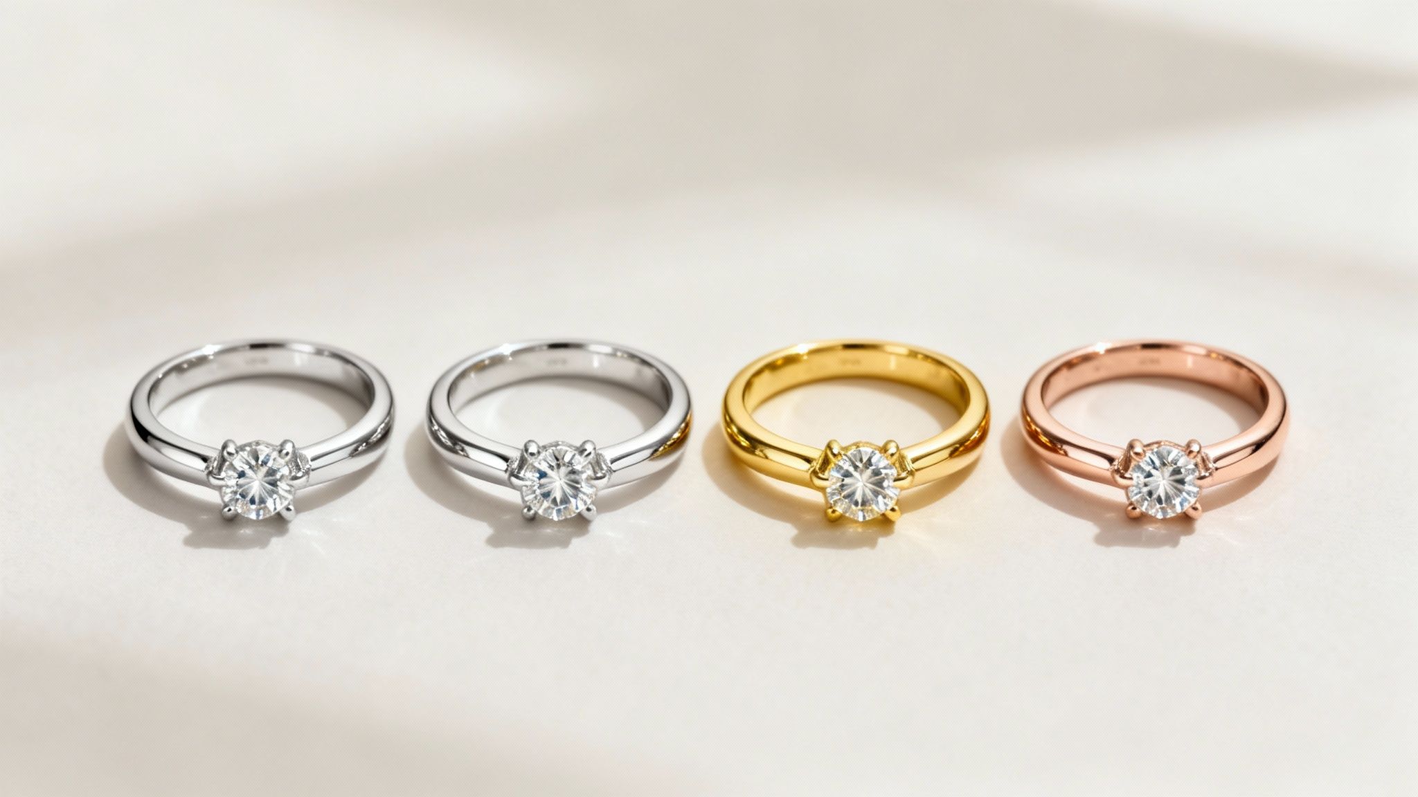 Four diamond solitaire engagement rings in silver, gold, and rose gold settings on a light surface.