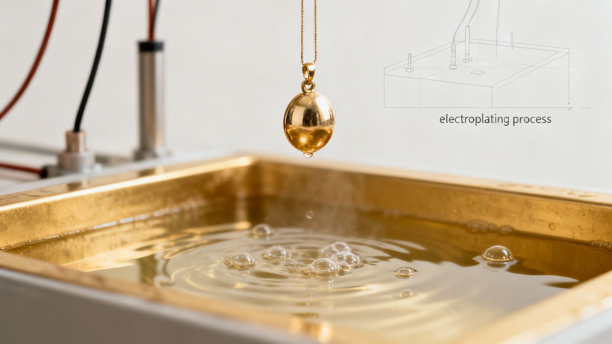 Shiny gold pendant after electroplating, dripping into a golden liquid bath.