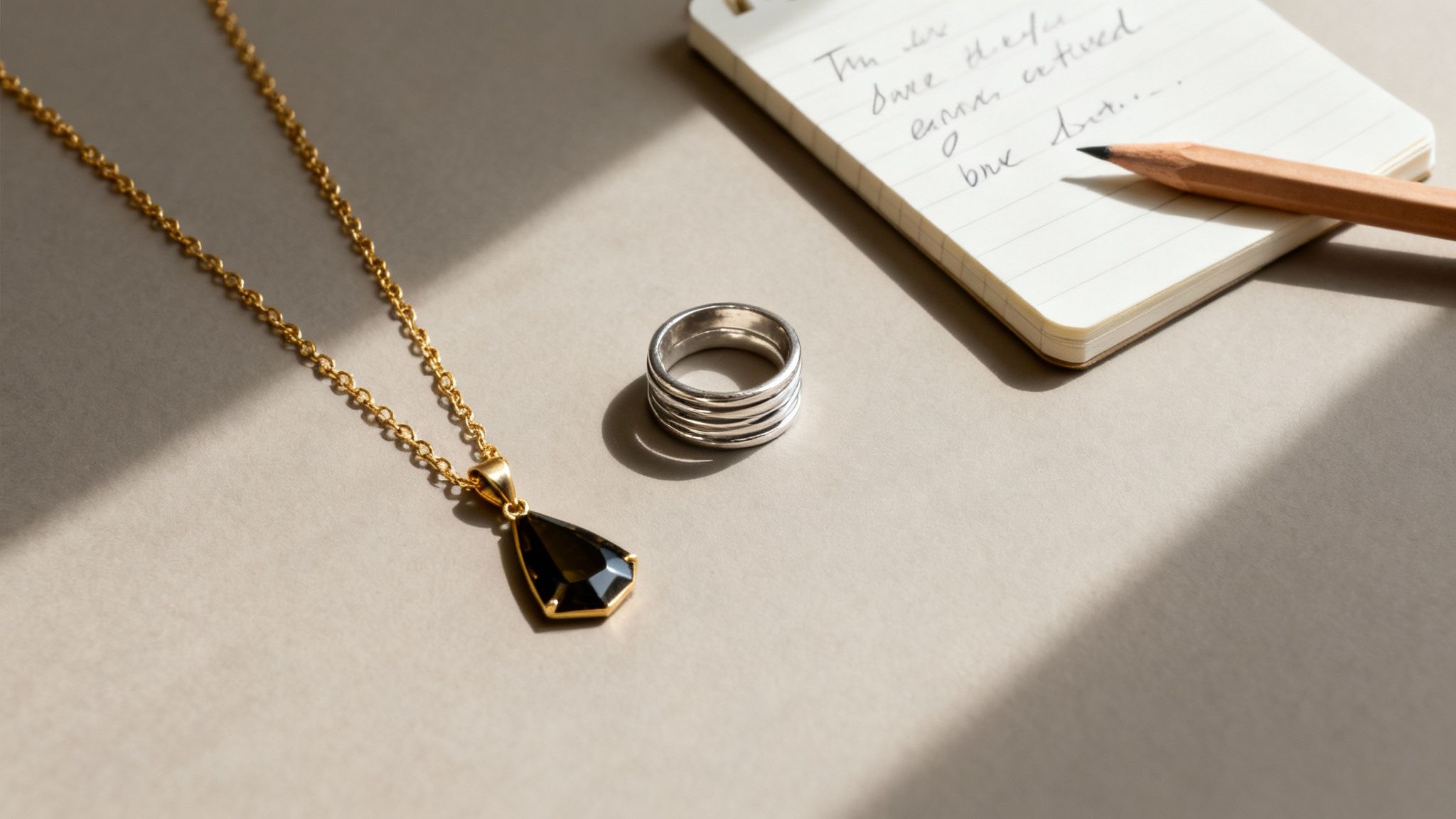 A flat lay showcasing a gold necklace with a black gemstone pendant, a silver ring, a notepad, and a pencil on a beige surface with shadows.