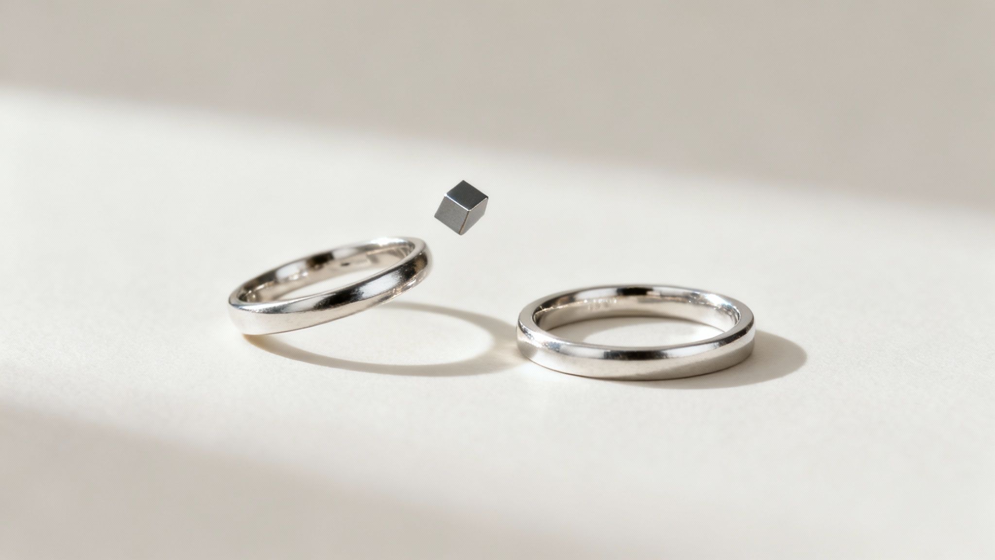 A close-up of a white gold ring with a soft, blurred background.