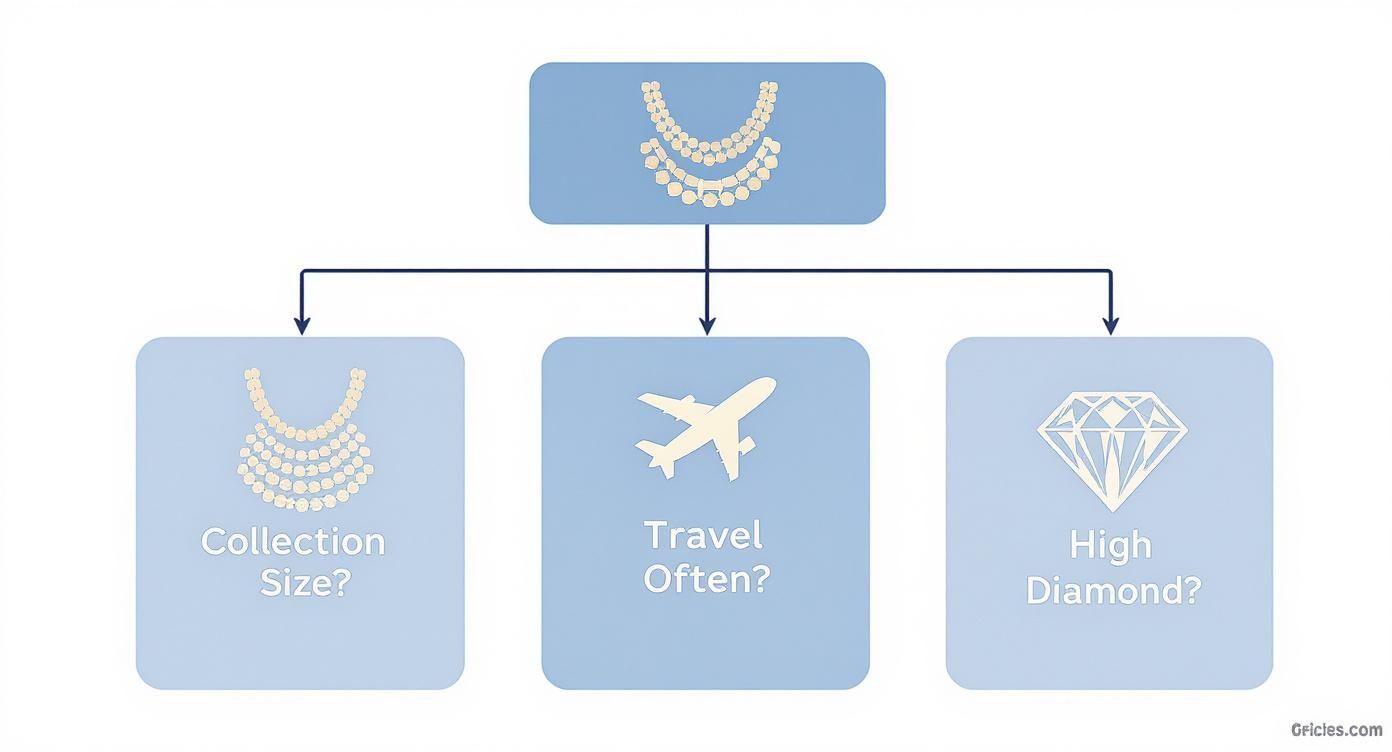 Flowchart with a necklace icon branching to three options: collection size, travel often, and high diamond.