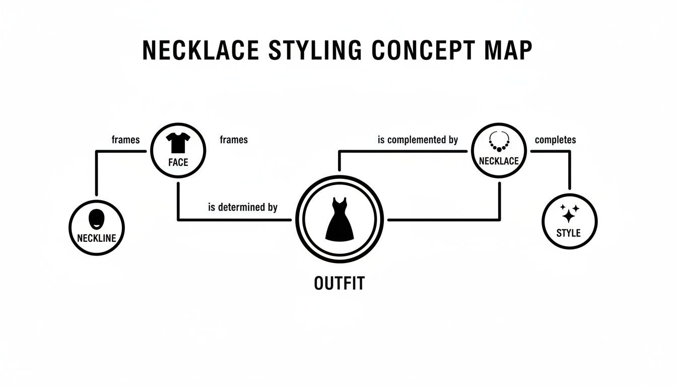 A concept map illustrating necklace styling, showing relationships between neckline, face, outfit, necklace, and style.