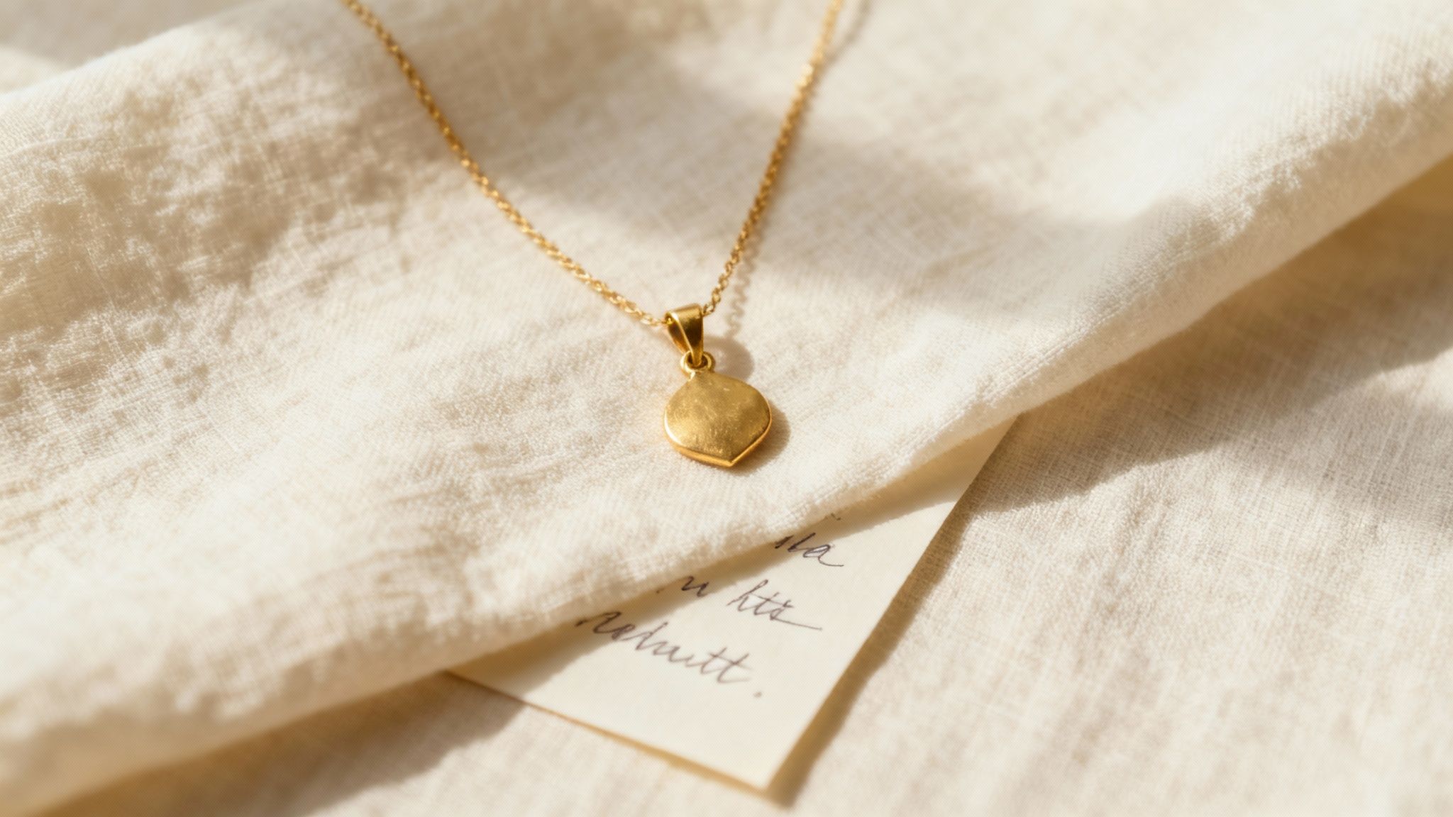 A close-up of a delicate gold necklace with a flat, oval pendant resting on a textured cream fabric, with a handwritten note partially visible.