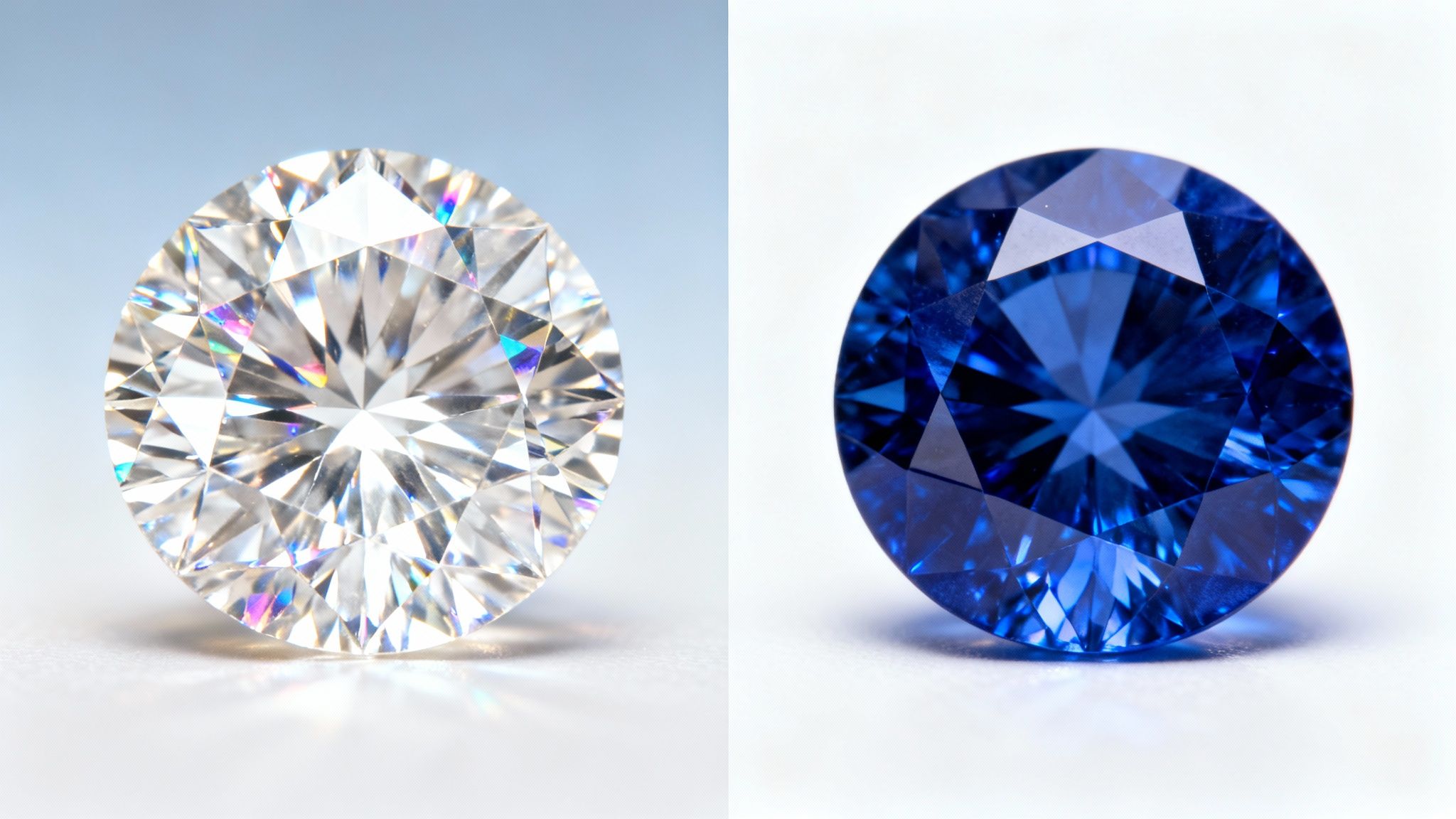 Close-up of a brilliant white diamond next to a vibrant blue sapphire, both round cut.