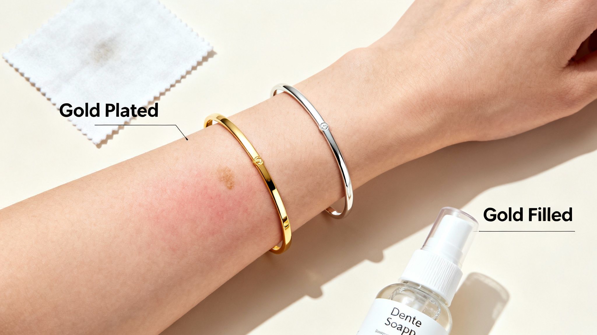 A person's arm showing red skin irritation from a gold-plated bracelet, next to a silver bracelet.