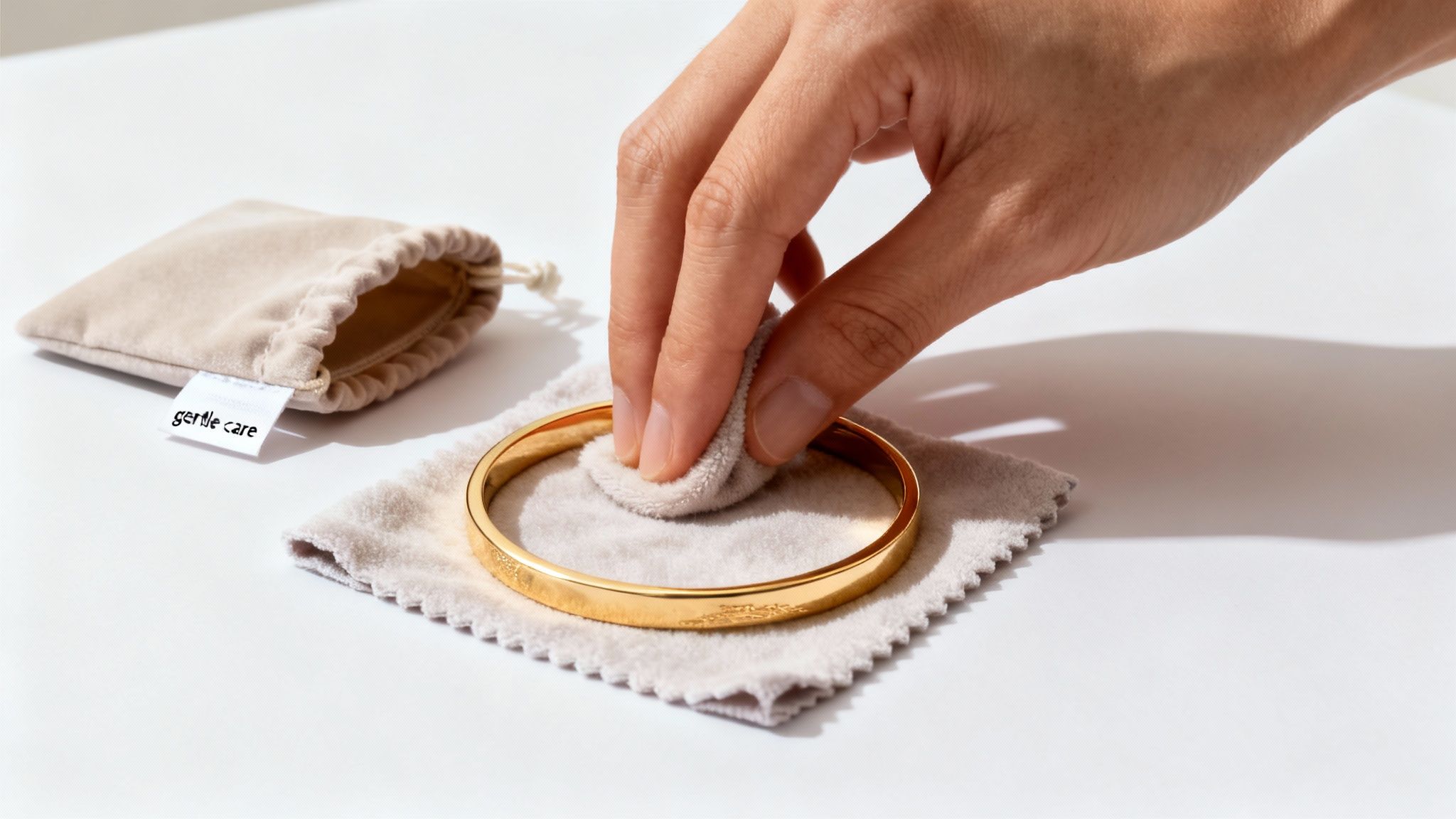 A hand gently polishes a shiny gold bracelet on a soft cloth next to a 'gentle care' pouch.