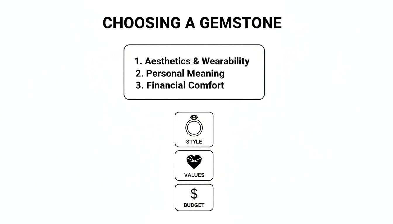 A guide to choosing a gemstone based on aesthetics, personal meaning, style, values, and budget.