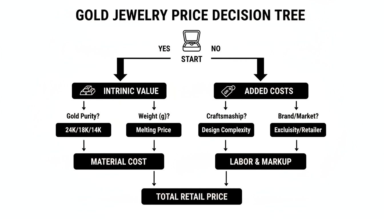 Flowchart outlining the gold jewelry price decision tree, detailing intrinsic value, added costs, material, labor, and total retail price.