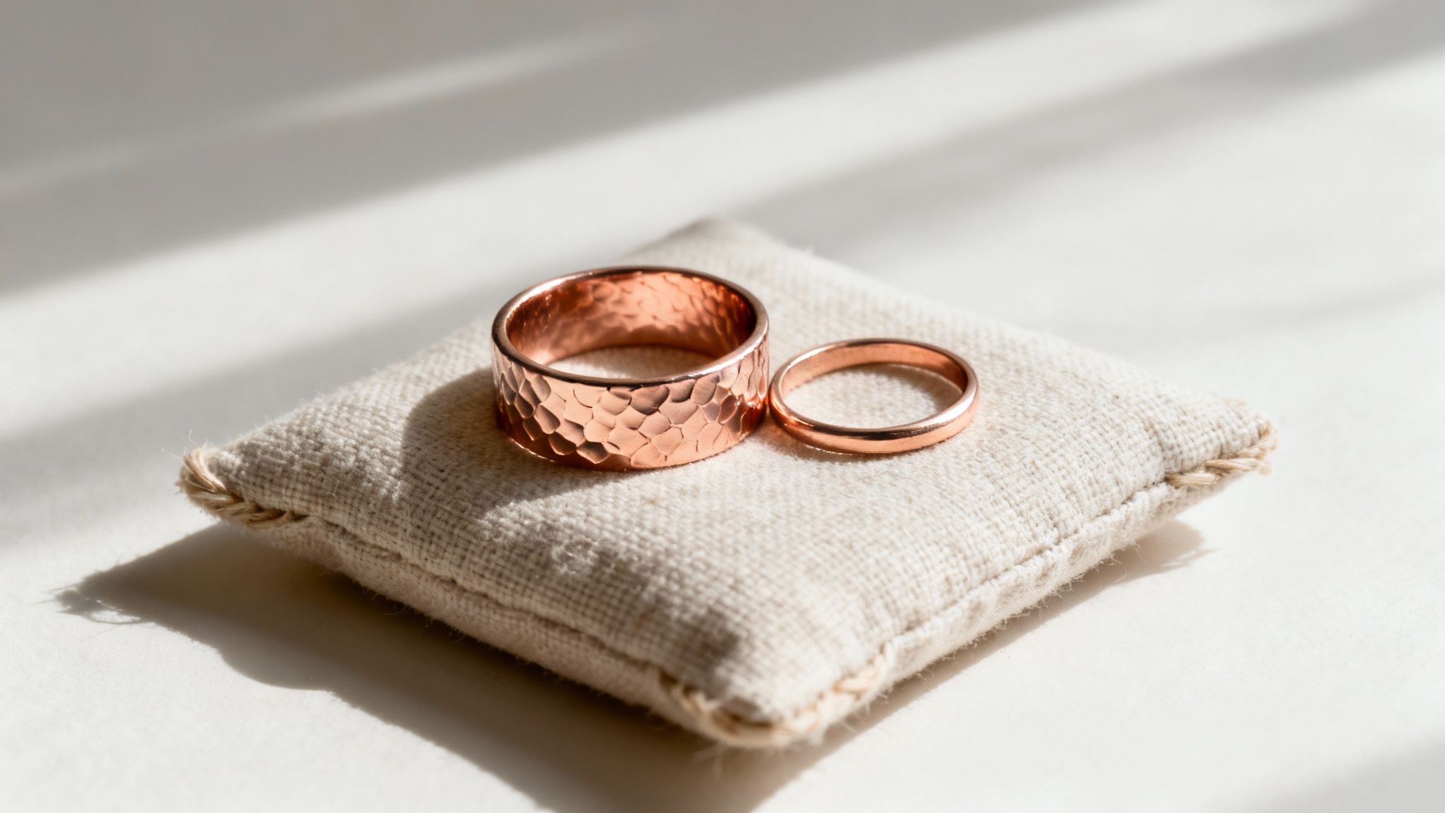 Two different wedding bands placed together, one with a hammered finish and one smooth.
