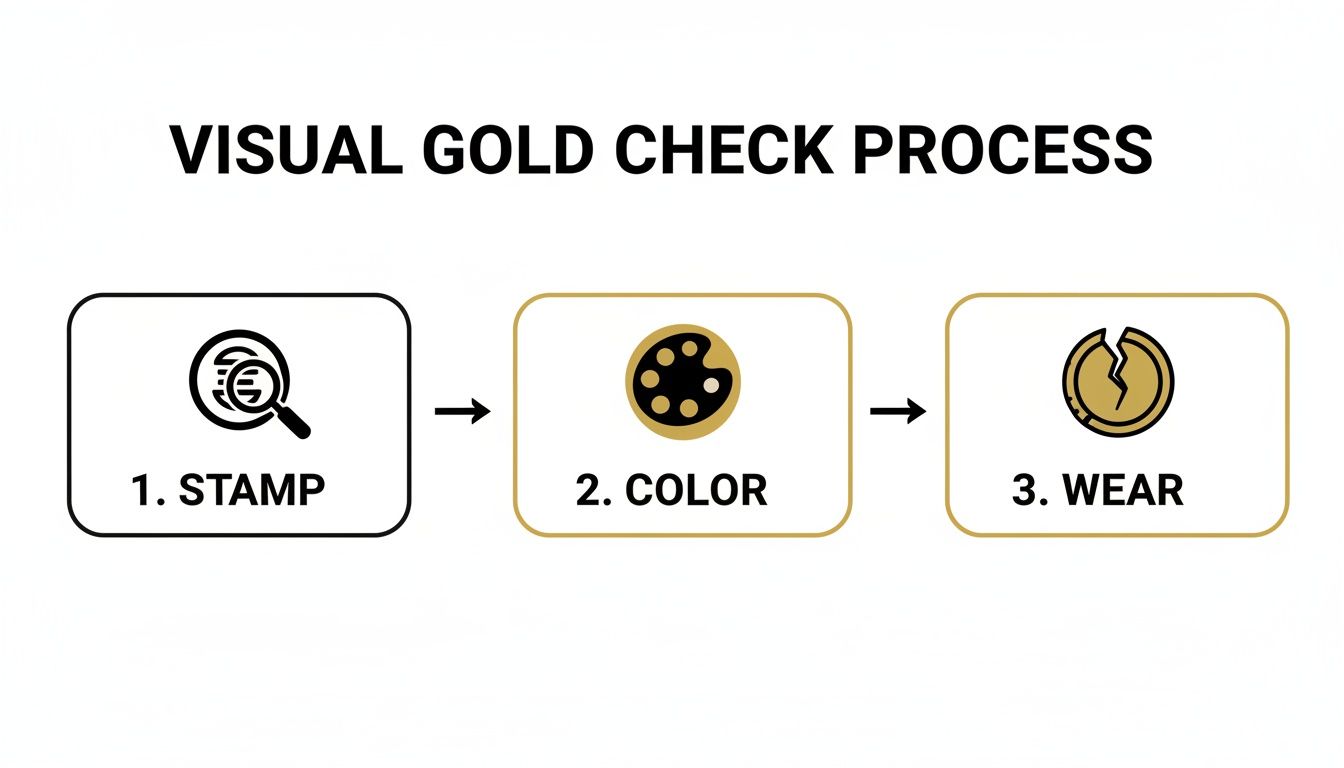 Infographic illustrating the visual gold check process, including examining the stamp, color, and wear of gold.