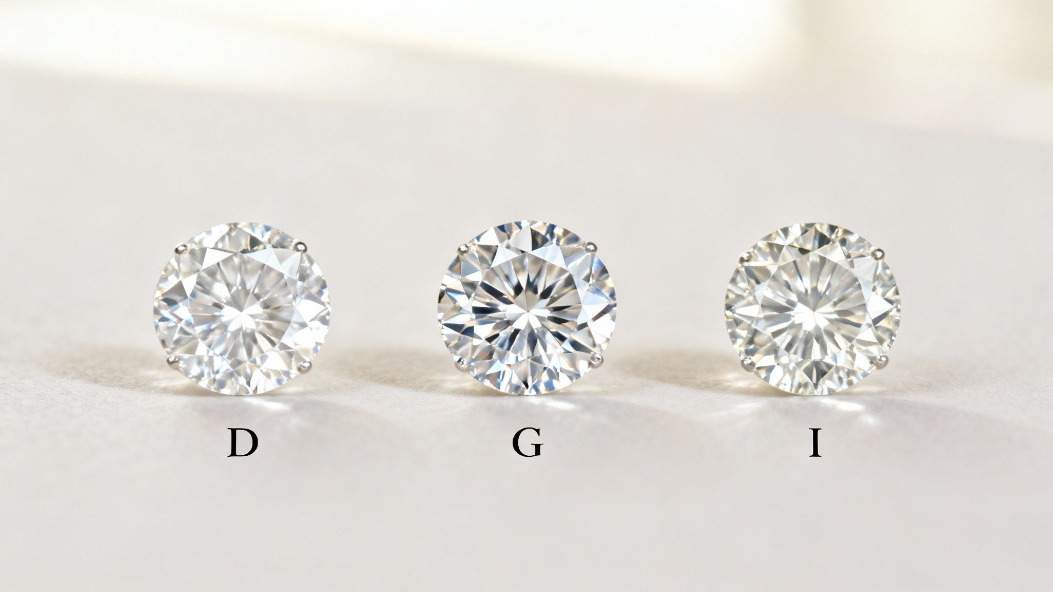 Three round brilliant diamond stud earrings showcasing D, G, and I color grades.