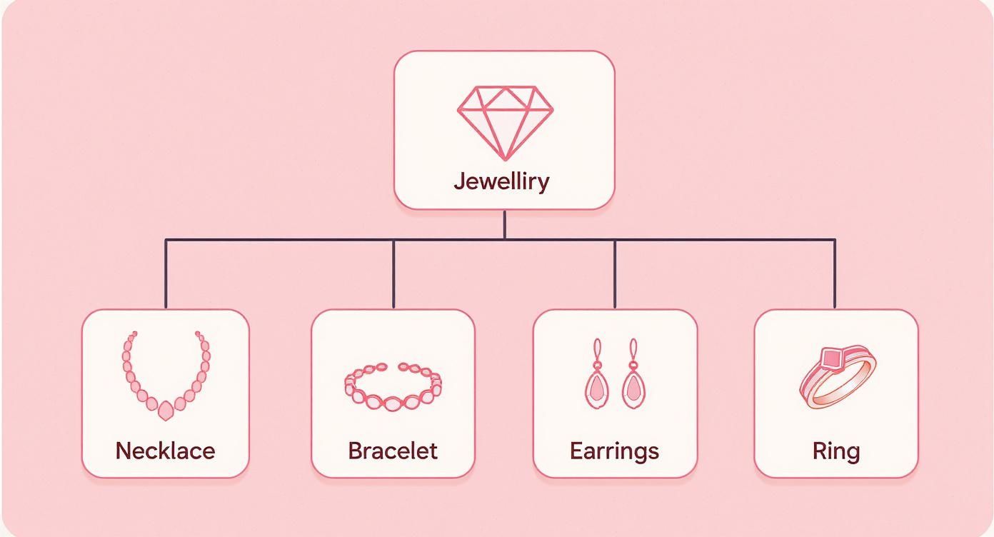 Jewelry category diagram showing necklace, bracelet, earrings, and ring types with pink diamond icon