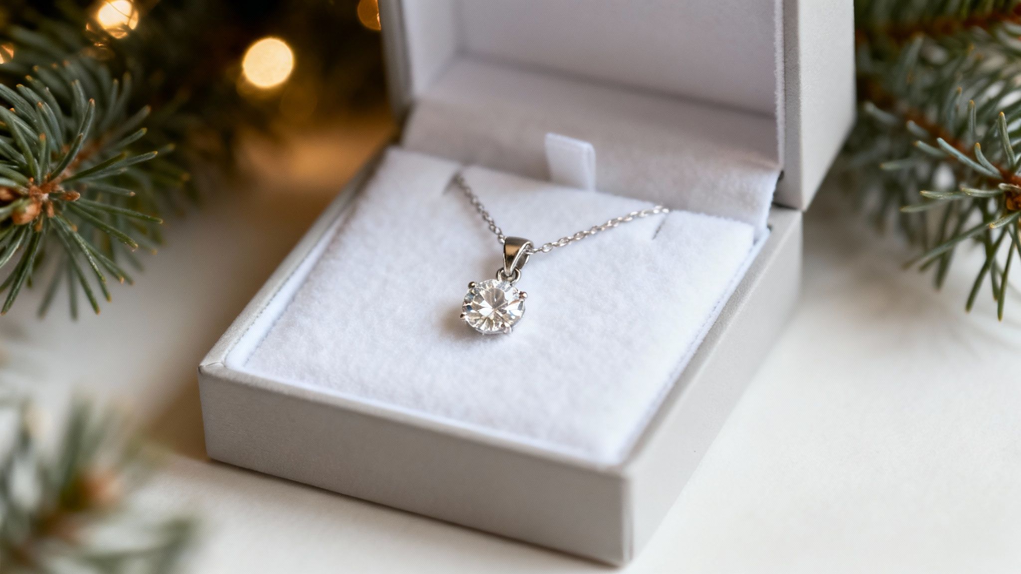 A close-up shot of a beautifully wrapped jewelry box tied with a red ribbon, placed next to Christmas ornaments.