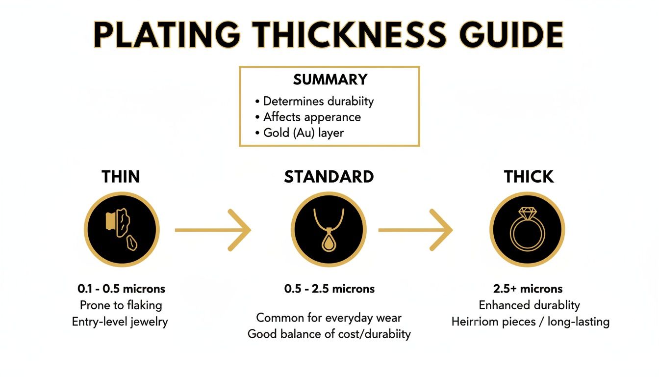 A guide illustrating gold plating thickness: thin (0.1-0.5 microns), standard (0.5-2.5 microns), and thick (2.5+ microns), detailing durability and use cases.