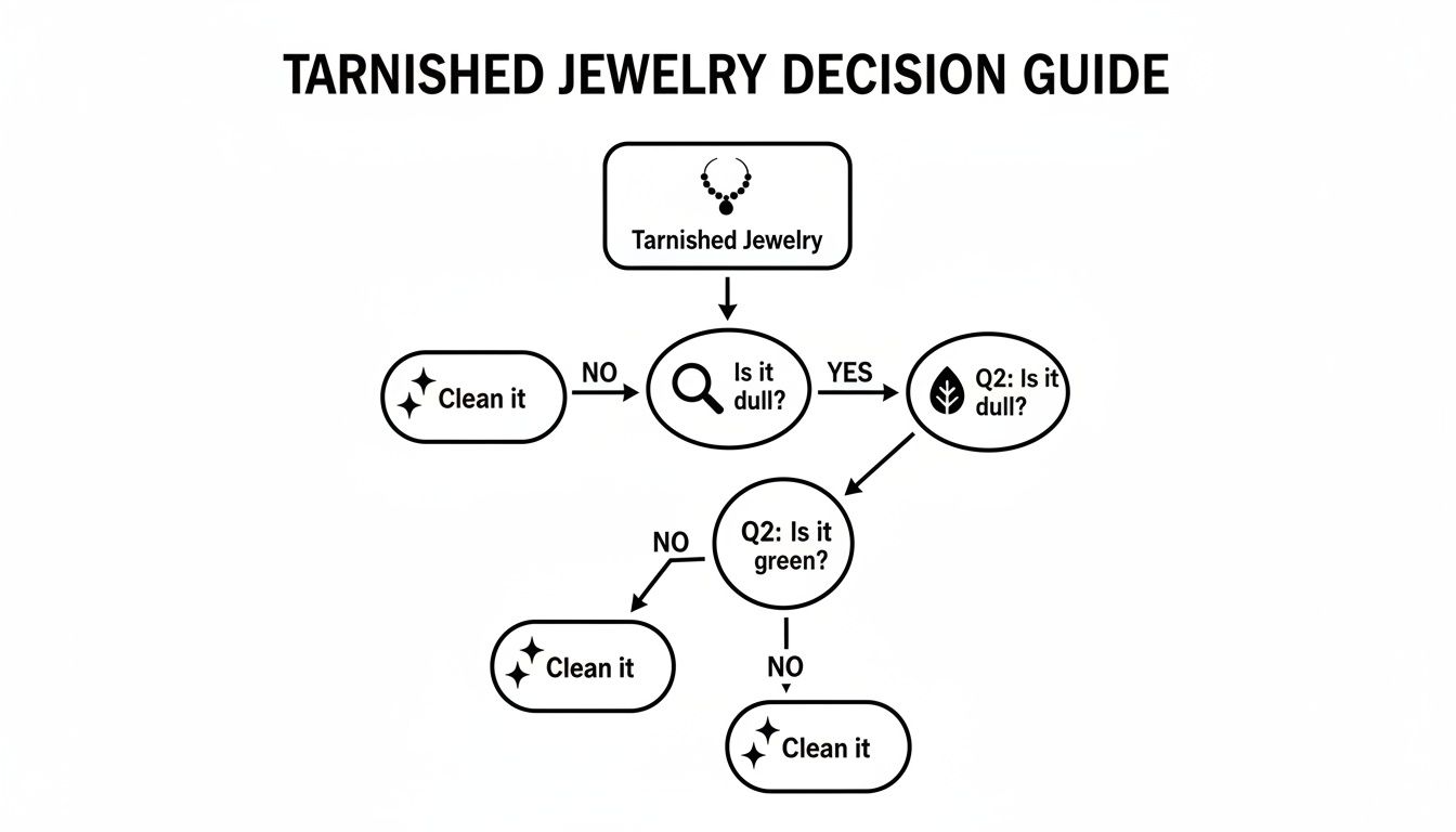 A flowchart guiding decisions for cleaning tarnished jewelry based on dullness and green tarnish.
