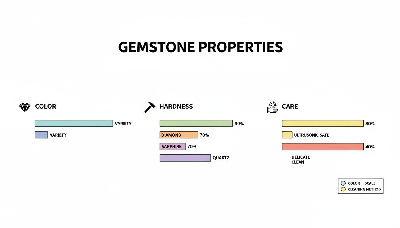 Infographic on gemstone properties: color, hardness for diamond, sapphire, quartz, and care methods.
