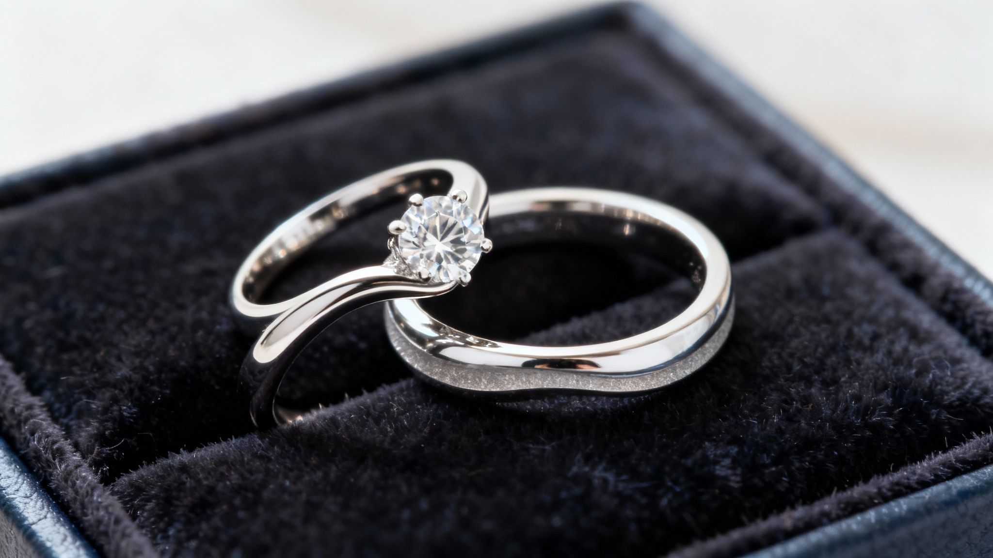 A close-up of a wedding band and an engagement ring sitting next to each other, showing how they fit together.