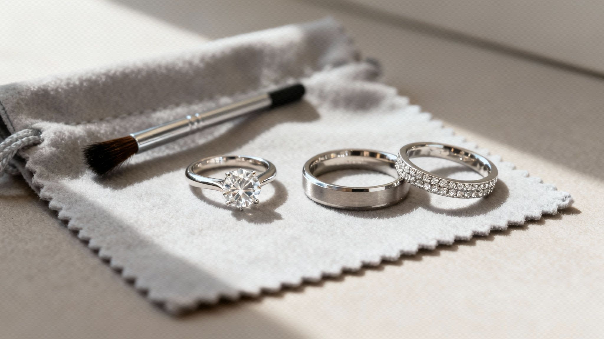 A solitaire engagement ring paired with a sparkling wedding band.