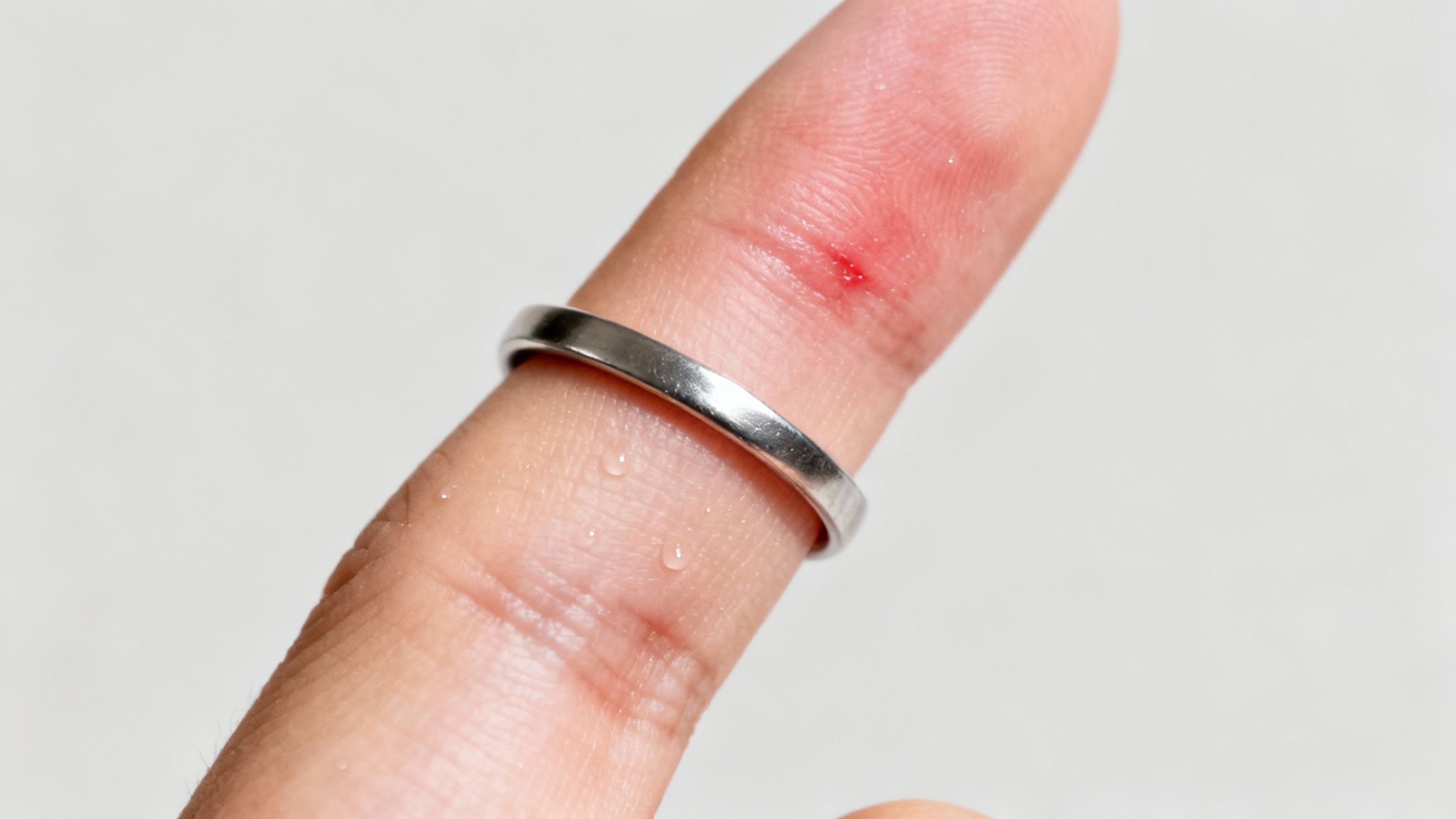 A close-up of a person's wrist with a red, irritated rash from a piece of jewelry.