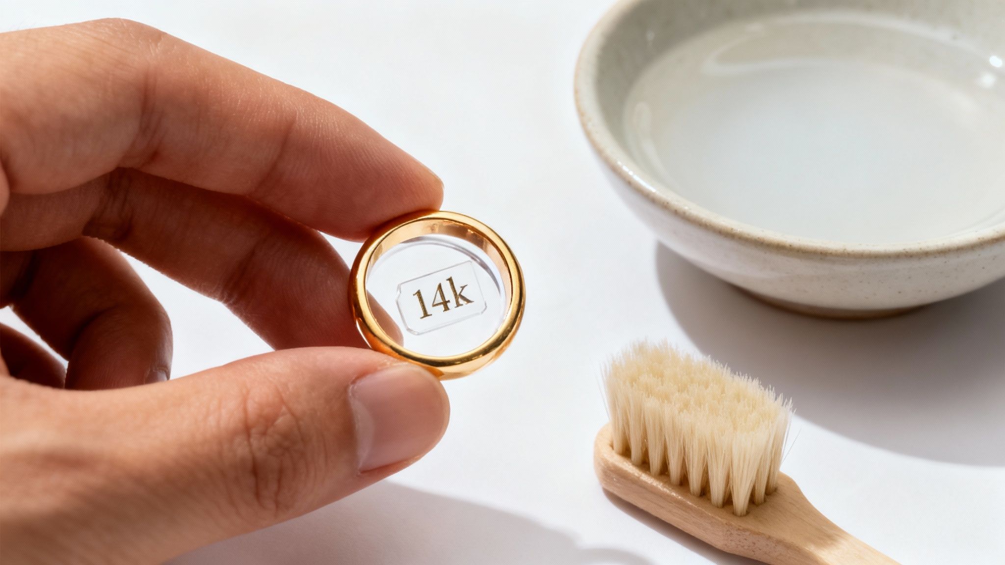 A hand holding a 14k gold ring with a purity label, near a brush and bowl of water.