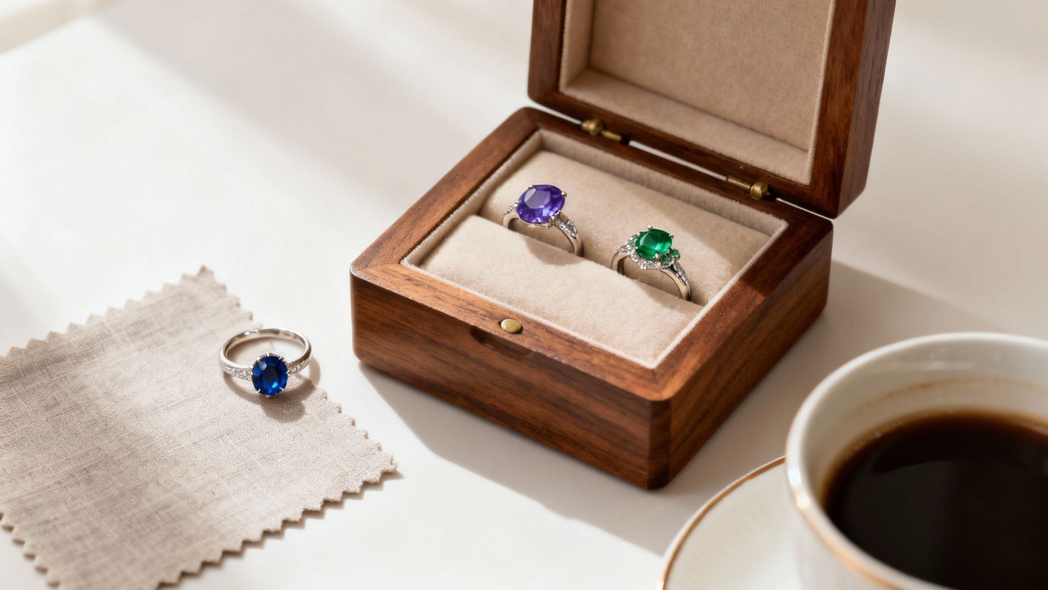 Elegant gemstone rings with blue, purple, and green stones, presented with a cleaning cloth and wooden box.