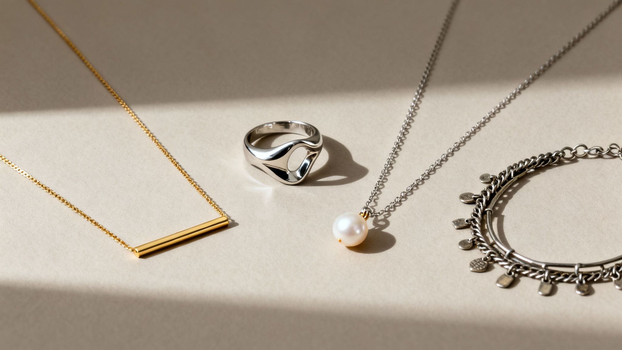 A collection of elegant jewelry pieces: a gold bar necklace, a silver ring, a pearl necklace, and a charm bracelet.