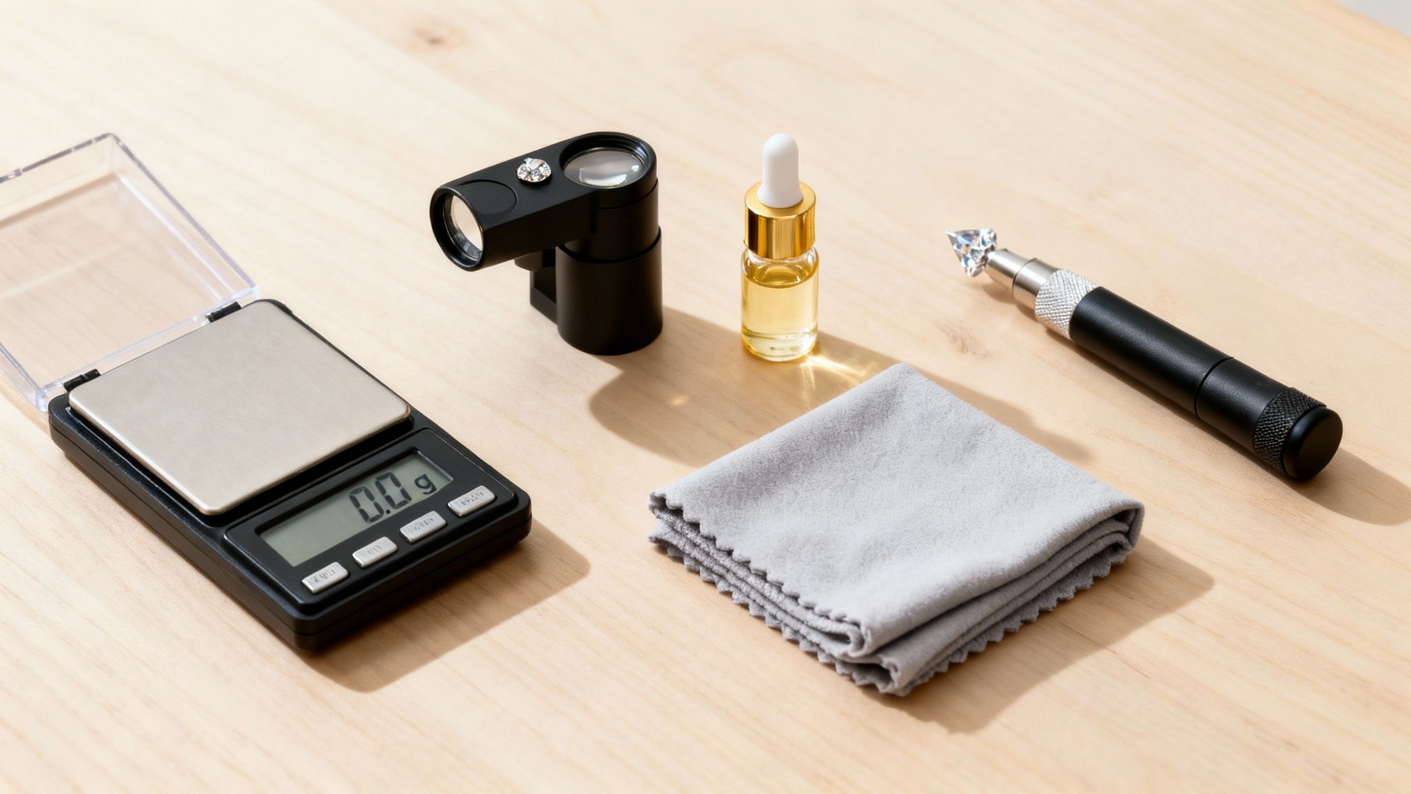 A flat lay shows jewelry appraisal tools: a digital scale, a loupe, a cleaning cloth, and a diamond.