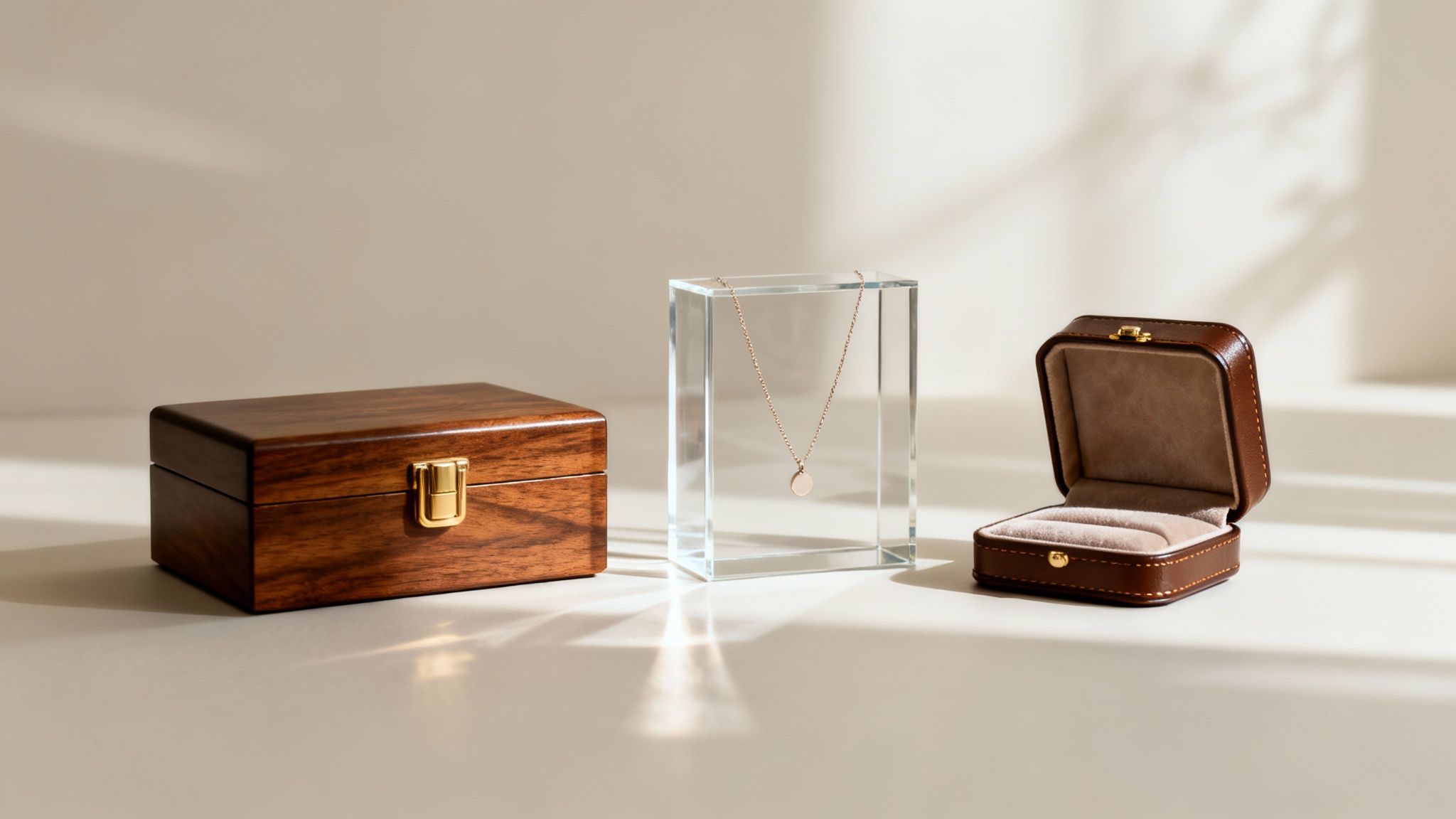 Three elegant jewelry displays: a closed wooden box, a necklace on acrylic, and an open ring box.
