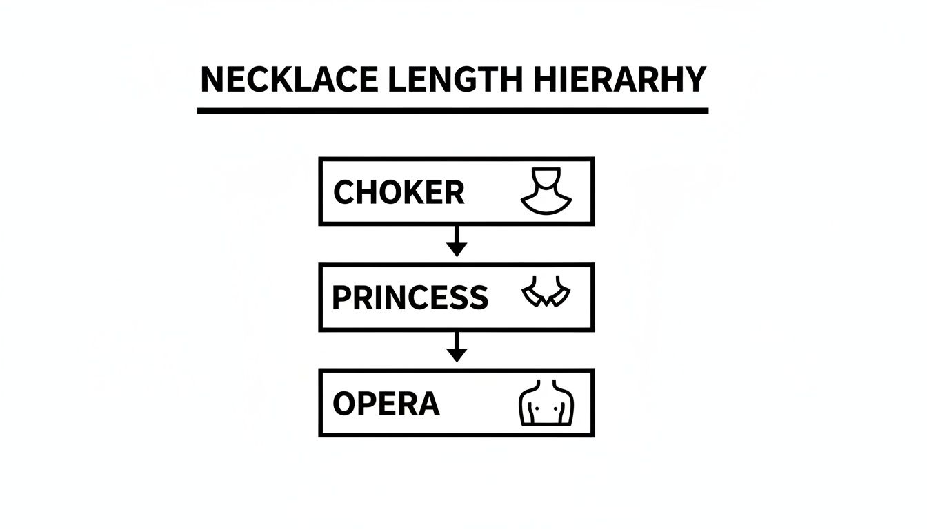 A hierarchy chart illustrating different necklace lengths: choker, princess, and opera, with corresponding icons.
