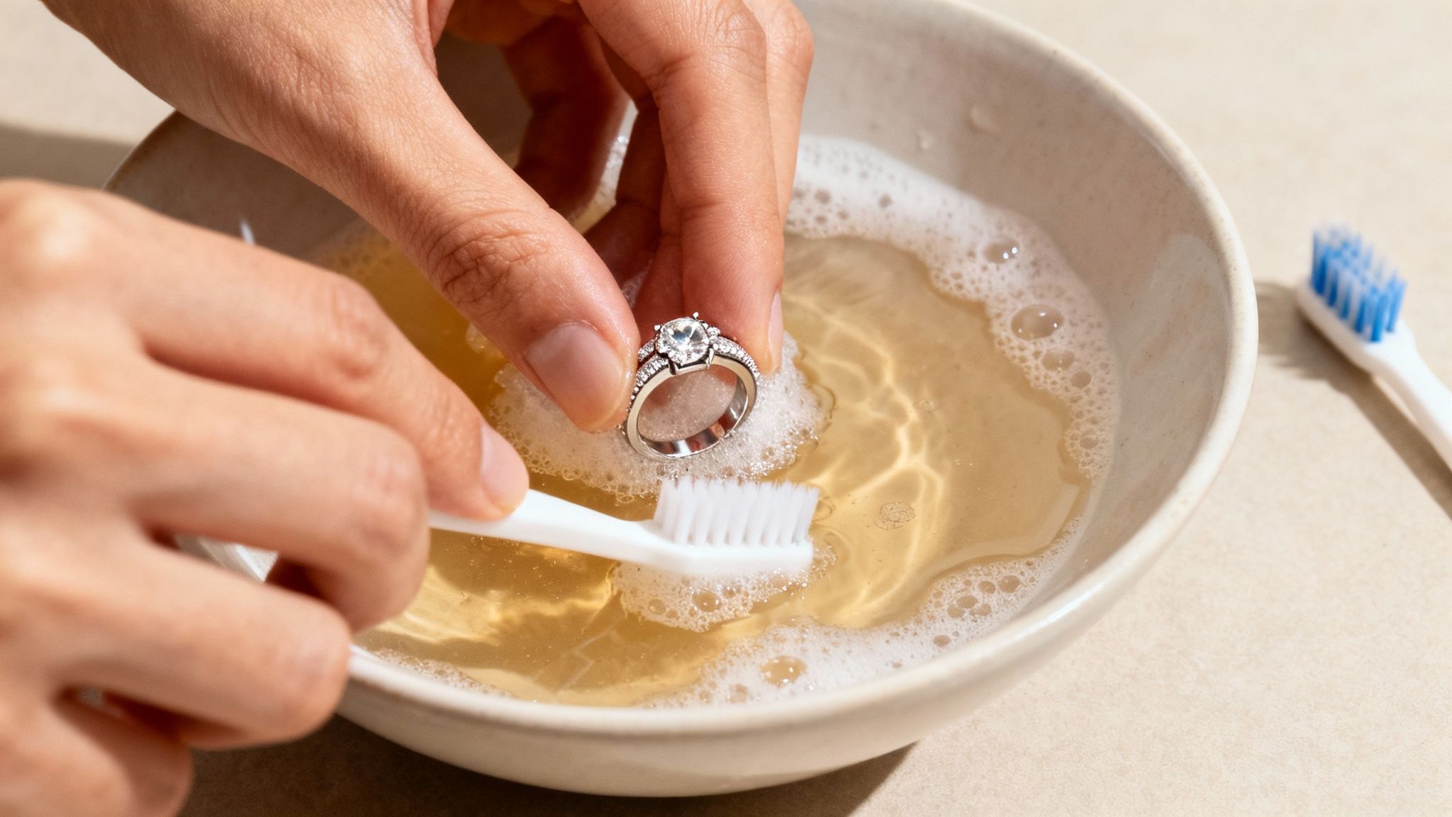 A person gently cleaning a bezel-set ring with a soft brush