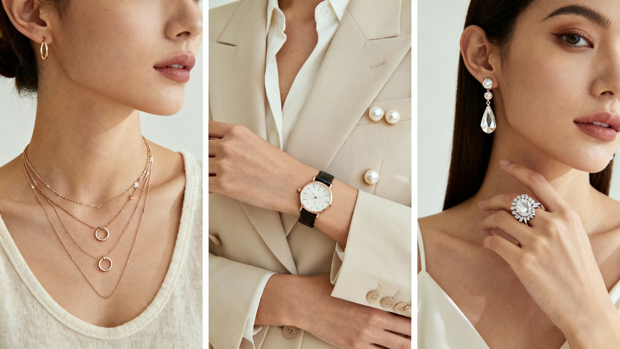 Three women showcasing elegant jewelry: layered necklaces, a watch, sparkling earrings, and a large ring.