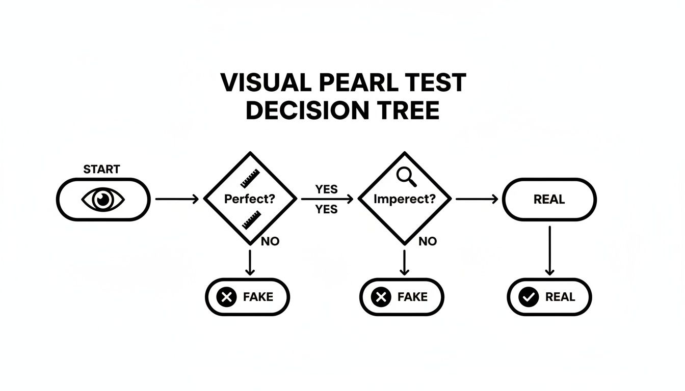 A flowchart illustrates the Visual Pearl Test Decision Tree for identifying real or fake pearls.