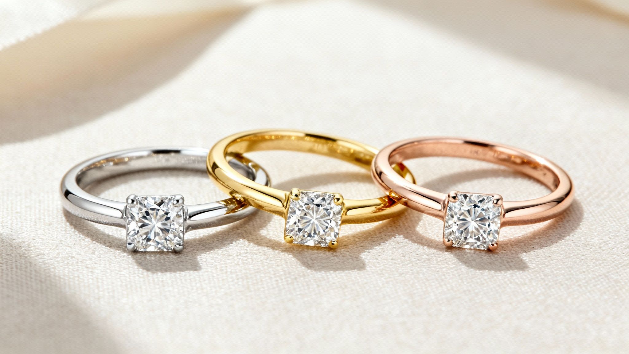 Three cushion-cut diamond engagement rings in white, yellow, and rose gold on fabric.