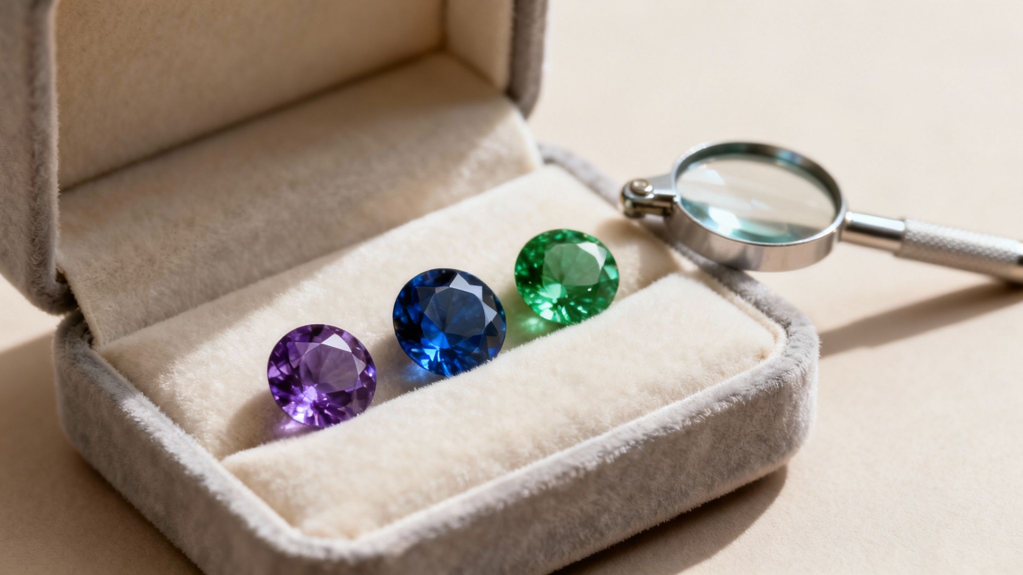 Three colorful faceted gemstones (amethyst, sapphire, emerald) in a velvet box with a jeweler's loupe.