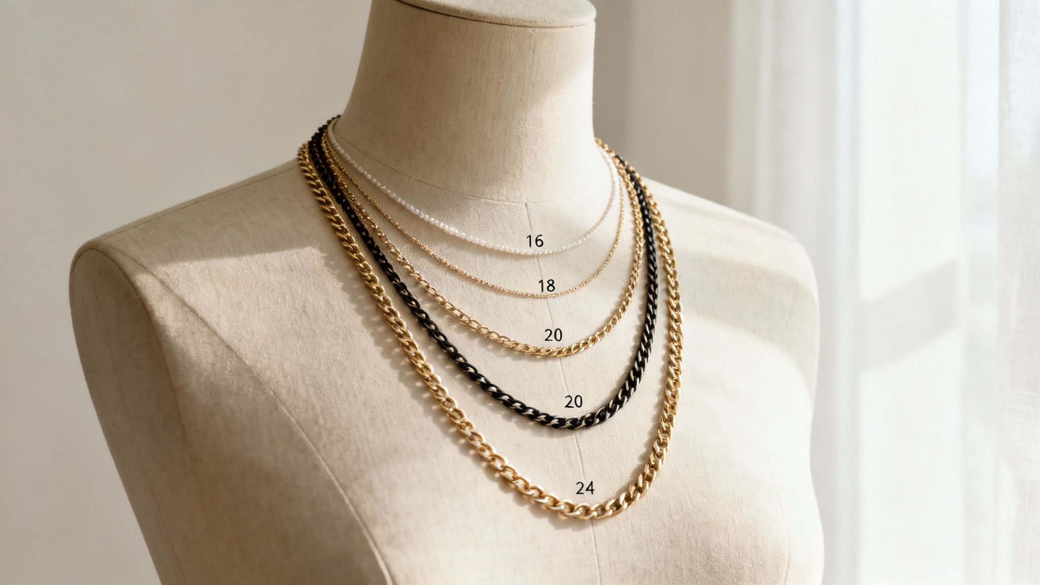 A chart showing different necklace lengths on a person's neckline