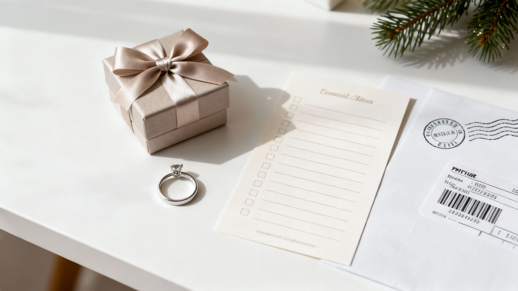A silver engagement ring, a beige gift box, a blank checklist, and an envelope on a white table.