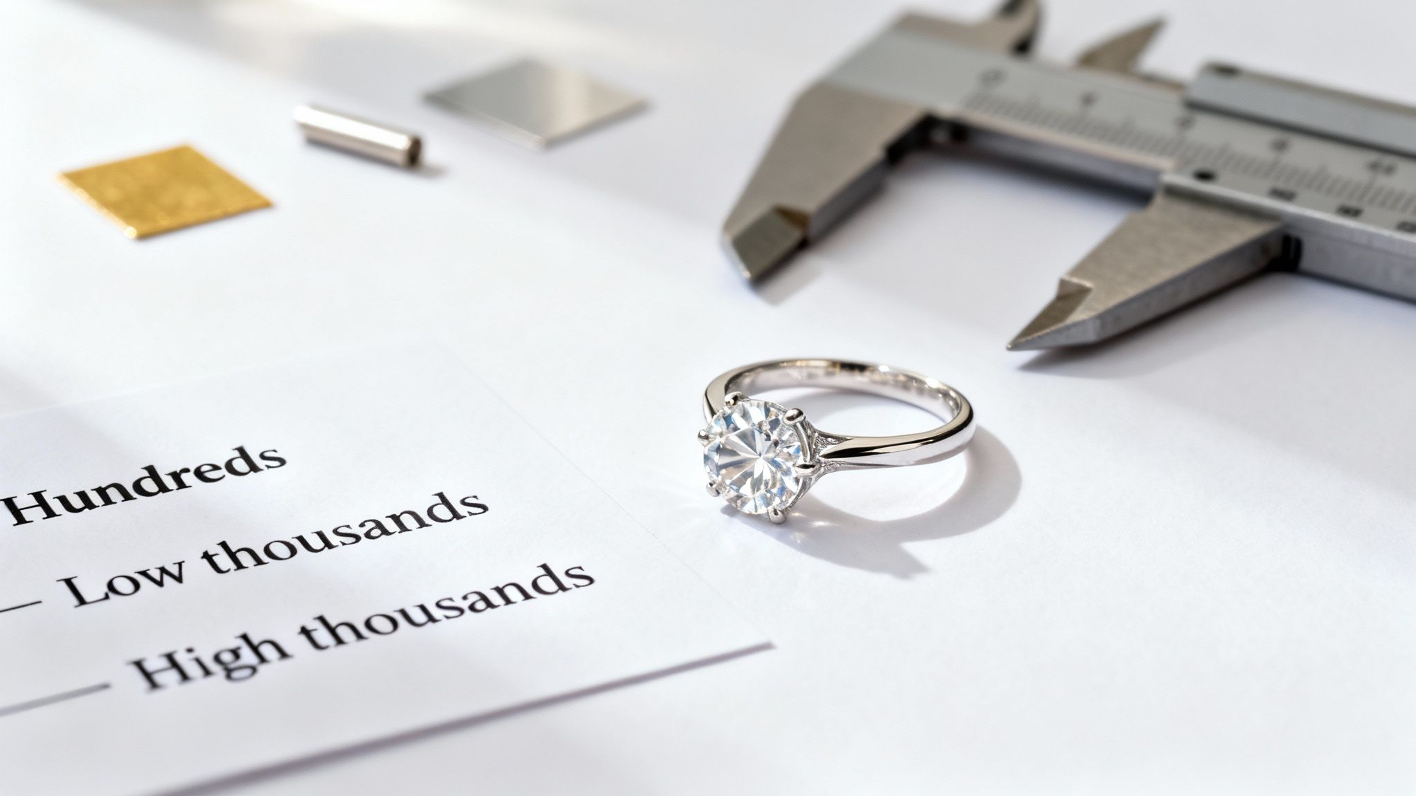 A close-up of a sparkling diamond engagement ring on paper next to a caliper, with cost descriptions.
