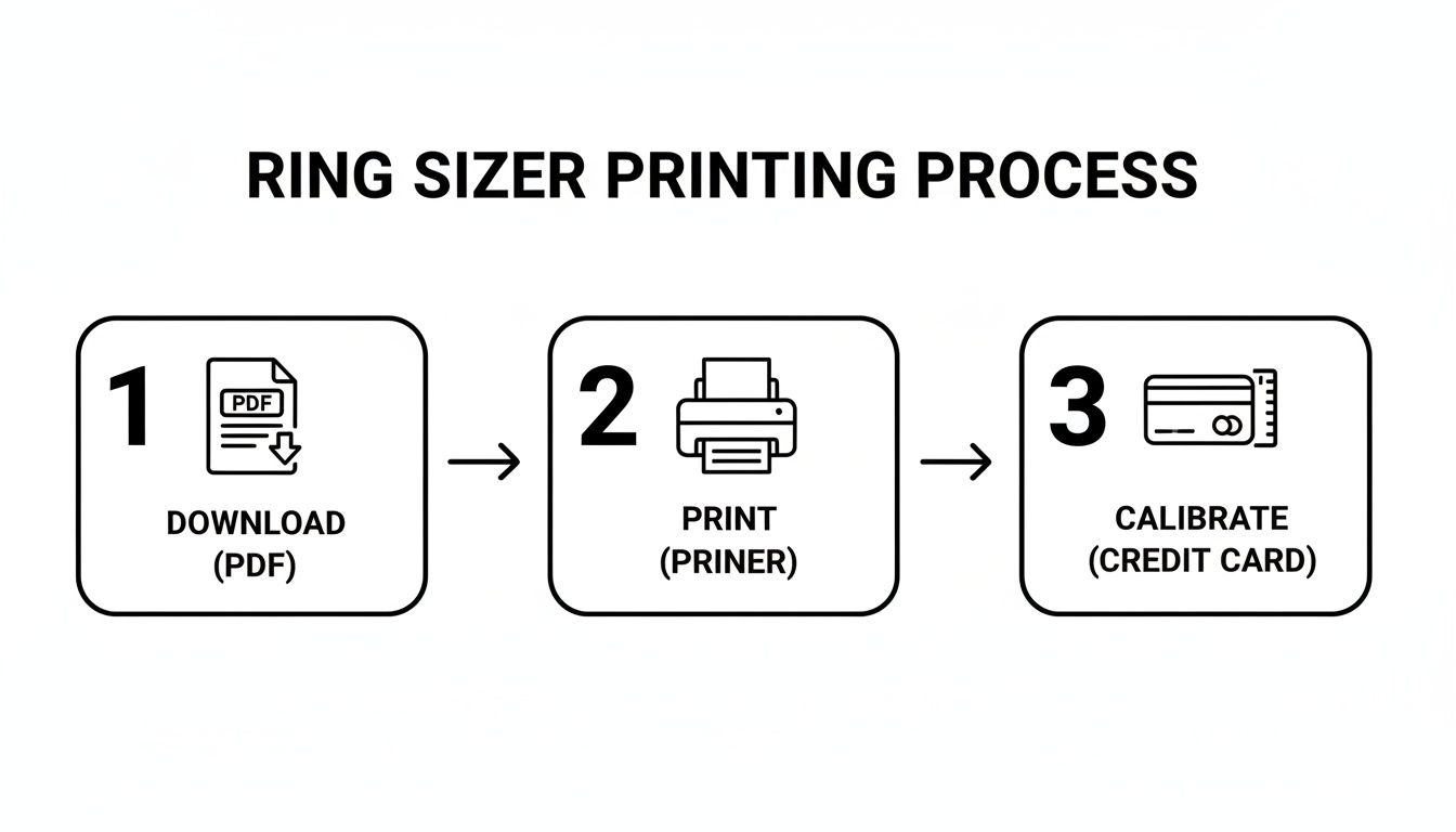A three-step infographic explaining the ring sizer printing process: download PDF, print with a printer, and calibrate with a credit card.