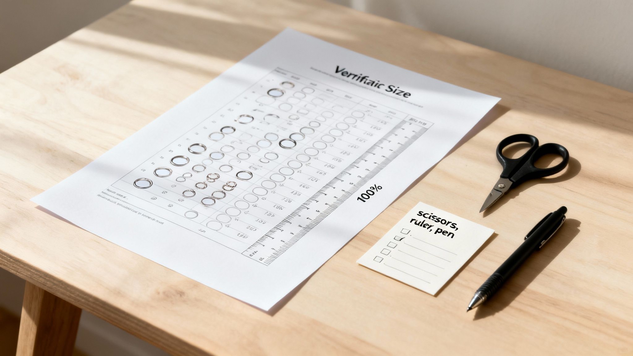 A printable ring size chart lies on a wooden desk, surrounded by scissors, a pen, and a checklist sticky note.