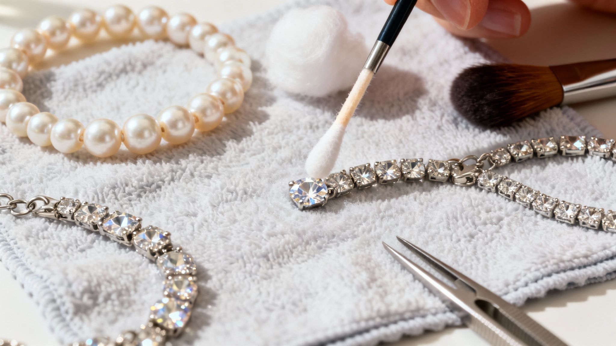 Cleaning jewelry: a hand uses a cotton swab on a diamond bracelet on a white cloth, with pearl necklace nearby.