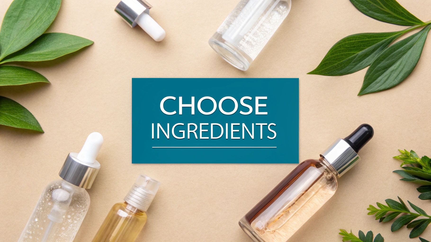 Skincare bottles with droppers and pumps, green leaves on a beige background, and text 'CHOOSE INGREDIENTS'.